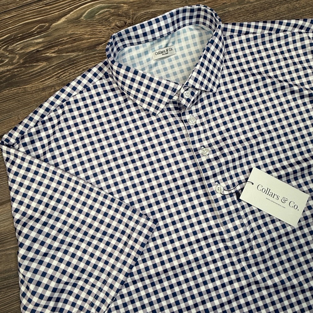 Collars & Co Men 3XL Polo Shirt Navy White Gingham Dress Collar Performance NEW - Picture 3 of 9